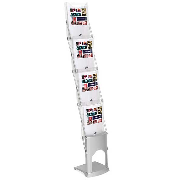 Stabilt broschyrställ med plats för fyra olika trycksaker upp till A4-format.