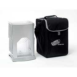 Brochure Stand Double hopfälld och fylld med material, redo att ställas upp.