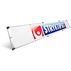 EXL Banderoll delbar. Klar på minuten helt utan verktyg. 1/3-dels storlek ihopfälld. Bilden sitter kvar även när du fäller ihop systemet.