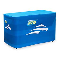 Stabila fällbord med vikbara ben och heltäckande duk med tryck.