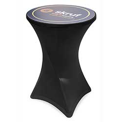 Ståbord med svart eller vit stretchduk och printad topp.