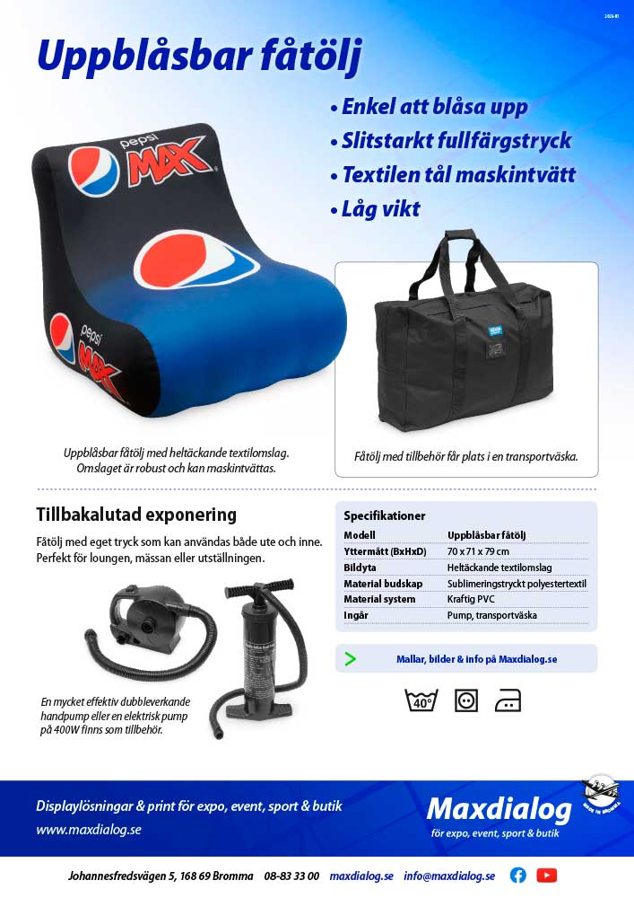 Uppblåsbar fåtölj produktblad